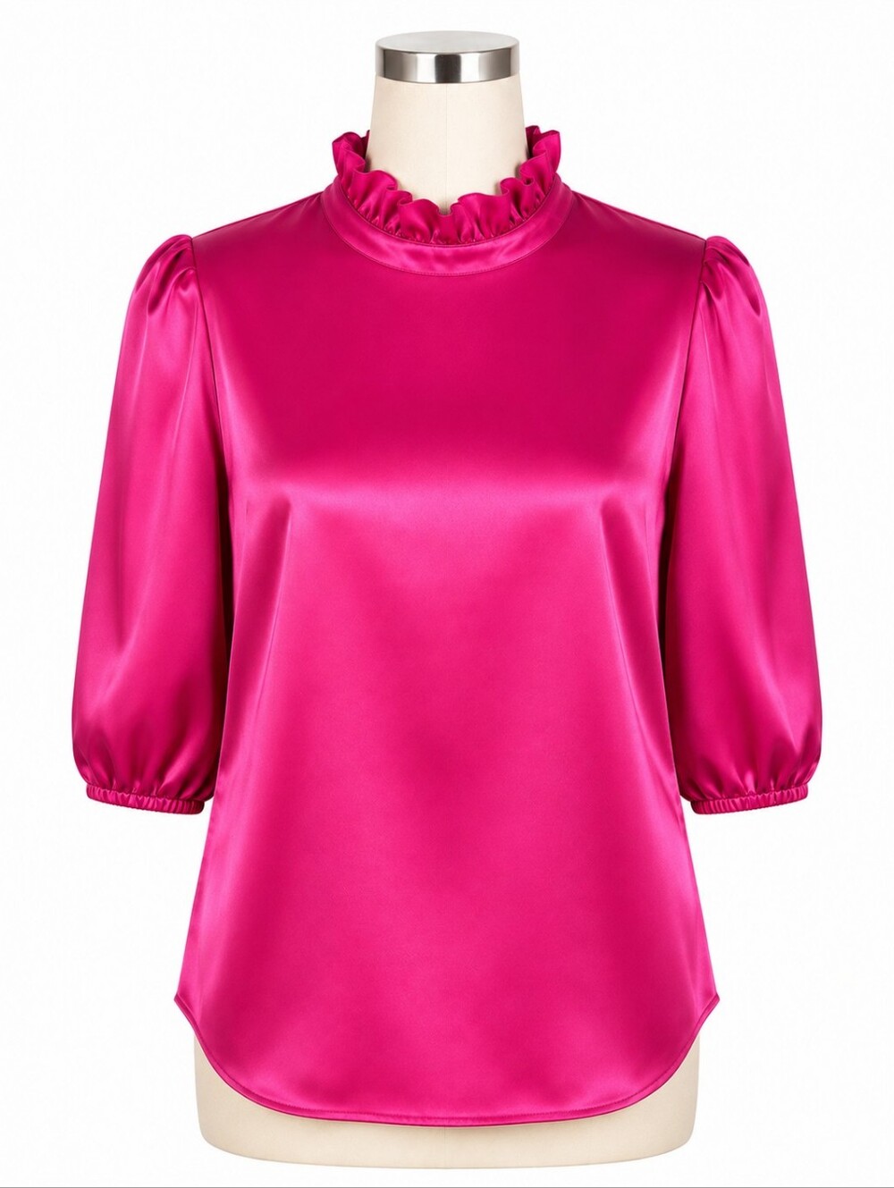 THML Fuchsia Pink Satin Ruffle Mock Neck Puff Sleeve Blouse Top Women's Size M